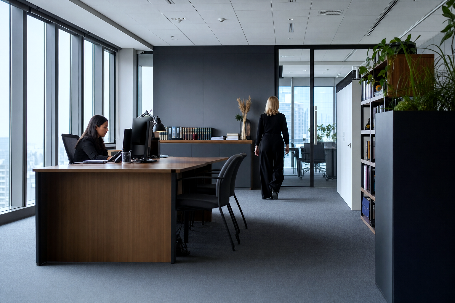 Blackstone Employment Law, Unfair Dismissal Claims — WIDE ESTABLISHING SHOT of the full environment, low camera angle, eye-level horizon, daylight